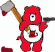 Red cartoon bear holding axe and pistol, white belly patch with red cup symbol, blood splatters on ground.