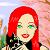 Pixelated avatar with bright red hair, green eyes, and a black-and-white checkered outfit against a soft pink and blue background.