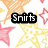 A static image with a white background featuring overlapping orange, yellow, and pink star shapes. Three black rectangular text boxes display the words "Snirts," "Boggas," and "<33333" in pixelated font.
