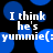 Blue circular shapes on black background with repeated white text 'I think he's yummiie(:yummiie(' in pixelated font.