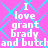 Pixelated text on a pink background with blue diamond pattern, repeating 'I love grant brady and butch' in white block letters across four identical sections.