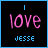 A 48x48 pixel animated buddy icon showing the word 'love' in pink text fading out across two frames, with a blue name label 'JESSE' below and a small vertical blue line above on a black background.