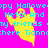 Pixelated Halloween-themed animation with ghost figures and text on a bright pink background, featuring color variations of ghosts and repeated text phrases.