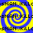 Four identical blue and yellow spiral patterns arranged in a with repeating text overlay