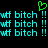 Green heart symbol above repeated cyan text 'wtf bitch !!' on black background.