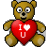 Brown teddy bear holding red heart with 'I U' text, six variations of facial expressions including wide eyes and closed eyes.