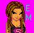 Pixelated static image of a cartoon-style female character with long brown hair against a bright pink background, featuring partial text on the right side.