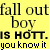 A 50x50 pixel animated contact sheet showing two frames of a yellow background with black text reading "fall out boy is HOT. you know it" where the first frame has no asterisk and the second frame adds an asterisk before "boy".