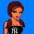 Pixelated cartoon character with brown braided hair wearing black top with white NY logo, standing against solid blue background with pink text "Hot Stuff" below.