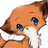 Pixelated orange fox-like character with blue eyes and white chest, first image shows smiling face, second adds text overlay.