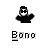 Pixelated black-and-white icon of a figure with arms outstretched, wearing sunglasses and dark clothing, above the text 'Bono' on gray background.