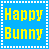Pixelated yellow bunny with pink nose and black eyes stands against blue background, text reads "Happy Bunny" and "Rox My Sox" in yellow block letters.