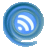 Circular blue swirl icon with white RSS symbol at center, rendered in pixelated style on gray background.
