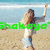Pixelated beach scene with a woman in white clothing holding a long object, overlaid by green text on sand and water background.