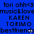 Blue background with repeated black text patterns including 'tori ohh<3', 'music&lovenmusic&love', 'KAREN', 'TORIMO', and 'bestfriends' in a