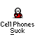 Animated contact sheet of a pixel art buddy icon featuring a stick figure and cell phone graphics with repeated text "Cell Phones Suck" across multiple frames showing motion effects.