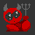 Red devil figure with gray horns and pitchfork, shown in two pixelated states: one with reflective eyes, the other with closed eyes.