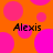 Orange background with pink circles and four instances of the text 'Alexis' in black pixelated font.