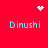 Red background with four light blue 'Dinushi' text blocks arranged in a , each corner containing distinct white pixel art symbols