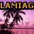 Pixelated tropical scene with palm trees and pink-purple sky, text overlays change across frames.