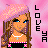 Pixelated cartoon-style icon of a female character with long brown hair, blue eyes, and orange skin against a pink background, with vertical text reading "LOVE YA" on the right side.