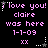 Pixelated text and symbols in pink on black background with animated star effects, repeating 'I love you! claire was here 1-1-09 xx' across three