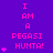 Purple background with pink text reading "I AM A PEGASI HUNTA!" and multiple small pink heart symbols arranged in vertical