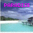 Pixelated beach scene with turquoise water, white sand, and a wooden pier under cloudy sky; pink text reads 'PARADISE' on left