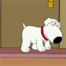 Animated sequence of a white cartoon dog with red collar in various poses against brown lockers.
