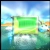 Pixelated green rectangular shape with yellow border against blue and teal background, no visible text or distinct subjects.