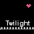 Pixelated black background with white text "Twilight" repeated four times, pink heart and starburst icons at top corners, and a central pink dot cluster.