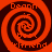 Four identical spiral patterns in orange and dark red arranged in a with partial text fragments visible around the spirals