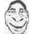 A black-and-white animated sequence of a stylized face with a wide smile, showing subtle variations in facial expression across frames.