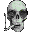 Animated skull icon with glowing green top and black eye sockets, holding a smoking stick in three sequential frames showing motion.