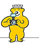 Yellow bear character holding a camera, wearing a crown in some frames and emitting white starburst effects from the lens.