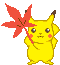Yellow cartoon character with brown-tipped ears holds red maple leaf prop, standing against gray background.