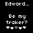 Pixelated text reads 'Edward...' above 'Be my traker?' with five heart symbols below, two versions differ in heart color sequence.
