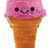 Pixelated ice cream cone with pink scoop and smiling face on white background, surrounded by bright pink text