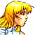 Pixelated character with long blonde hair in profile view, wearing light blue top against white and dark green backgrounds.