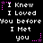 Pixelated text repeats across a black background with pink star and dot animations, displaying phrases like "I Knew I Loved You before I Met you" in white block letters.