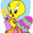 Pixelated yellow cartoon bird holding a flower with purple and green foliage against light blue background.