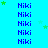 Blue background with repeated 'Niki' text in blue, scattered green stars, and a gray rectangle in the bottom-right corner.