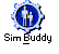 A 4x4 contact sheet of animated frames showing a blue gear-shaped icon with two white stick figures inside, each frame labeled "Sim Buddy" in black or red text below the icon.