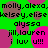Green background with pink and brown circular shapes and repeated text including 'molly, alexa, kelsey, elise, alyssa, jill, lauren, i luv u!!!'