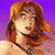 Pixelated image of a person with long brown hair against a purple background, wearing a dark choker necklace.