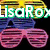 Pixelated image with four quadrants showing text and objects: green 'LisaRox' over yellow, pink sunglasses on black background, pink mobile phone with heart on light pink, and flower with blue 'OFF!' text.