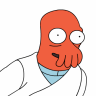 Red cartoon character with large white eyes, one hand covering mouth, wearing light blue collar and white lab coat against white background.