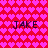 Red background with repeating pink heart pattern and four instances of the text "JAKE" in dark pixelated font.