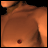 A static pixelated image of a person's lower torso and upper legs in warm brown tones with dark shadows, featuring a small red mark on the skin.