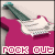 Pixelated image of a pink electric guitar with teal neck and white pickguard, displaying 'ROCK OUT' text in blocky letters at the bottom.